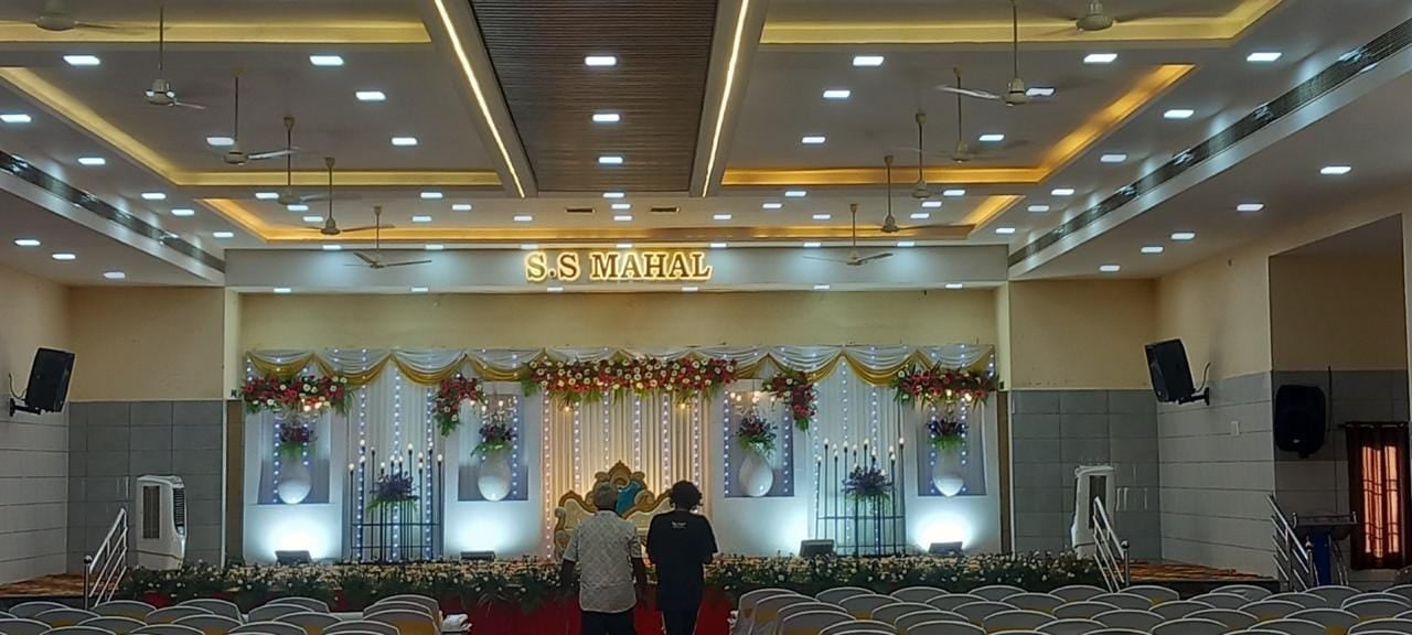 Wide view of the banquet hall and stage