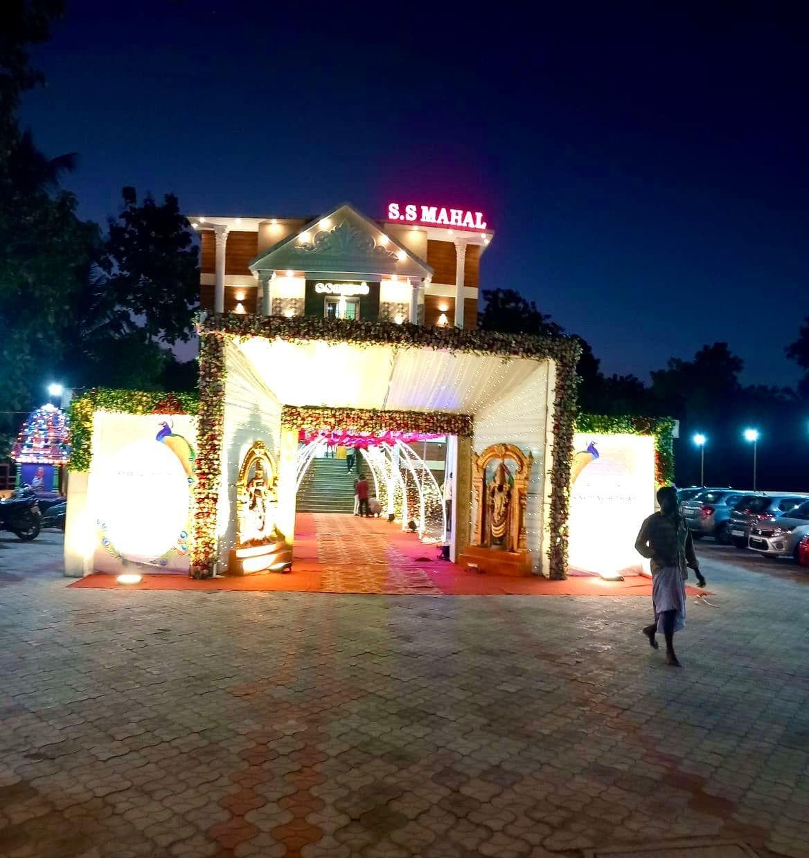 Decorated entrance at night at S.S Mahal