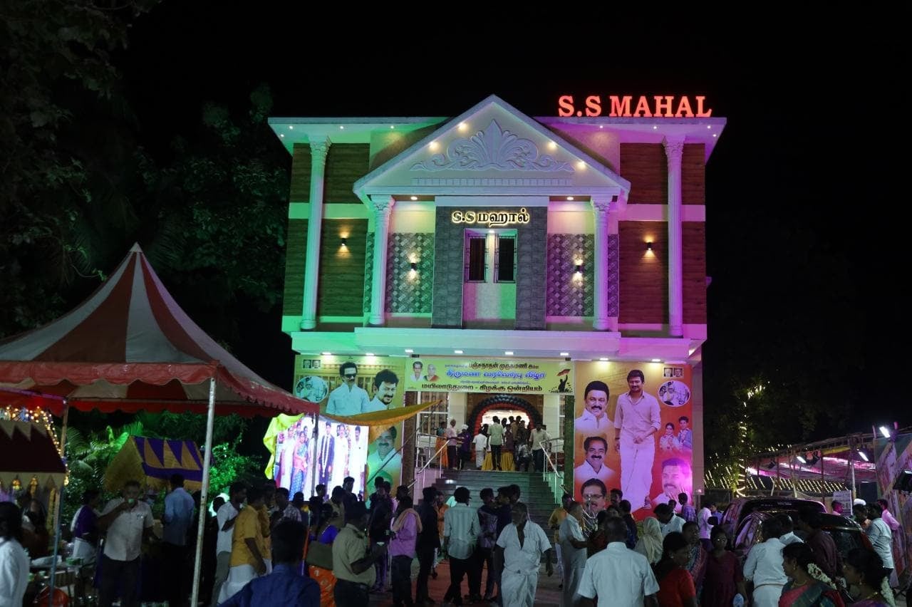 Facade in pink lights at S.S Mahal