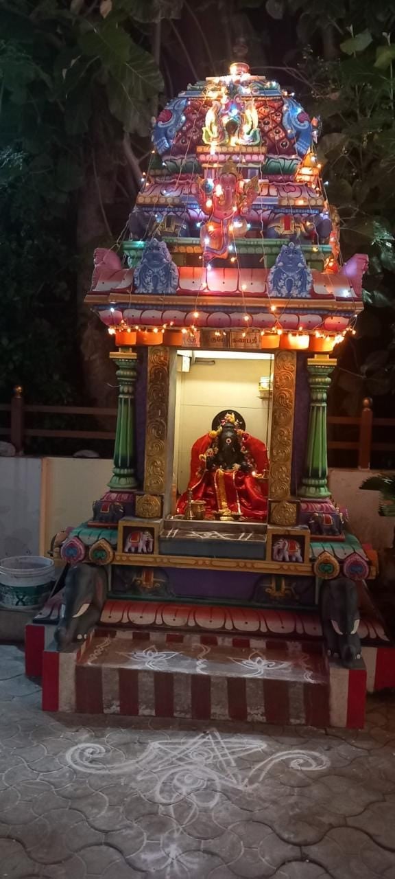 The temple shrine lit up in the evening